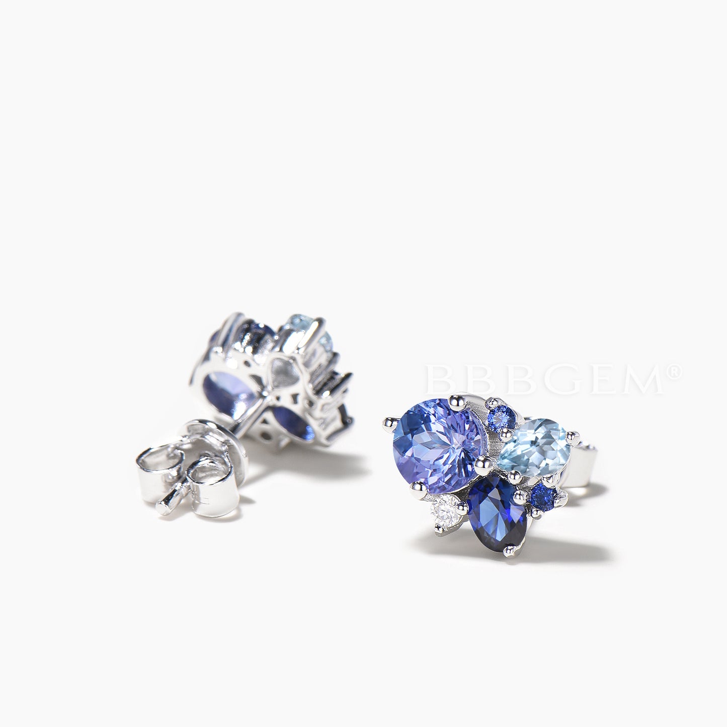Round Cut Natural Tanzanite Stud Earrings Aquamarine Sapphire Cluster Earrings