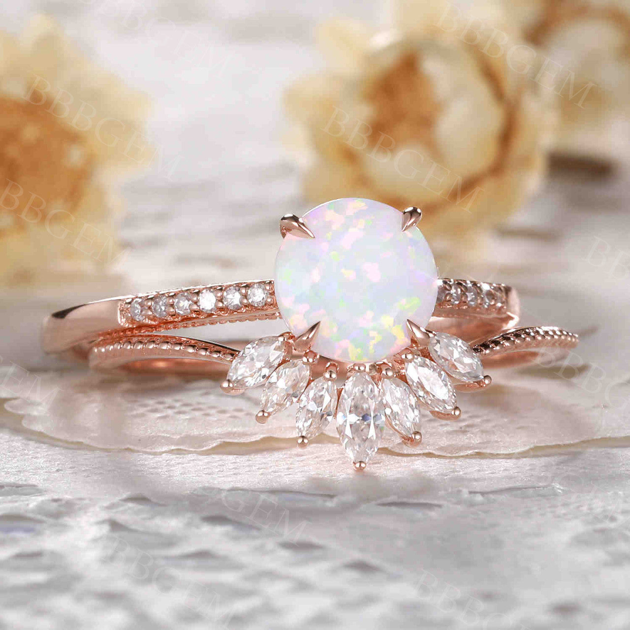 Antique Opal Engagement Ring Set Rose Gold 05