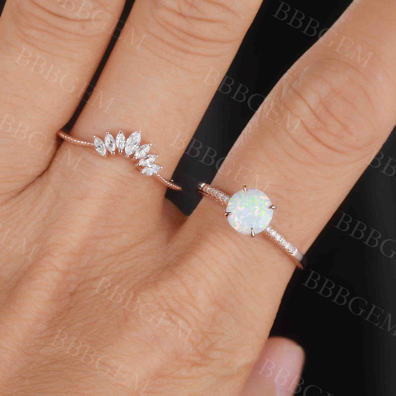 Antique Opal Engagement Ring Set Rose Gold 04