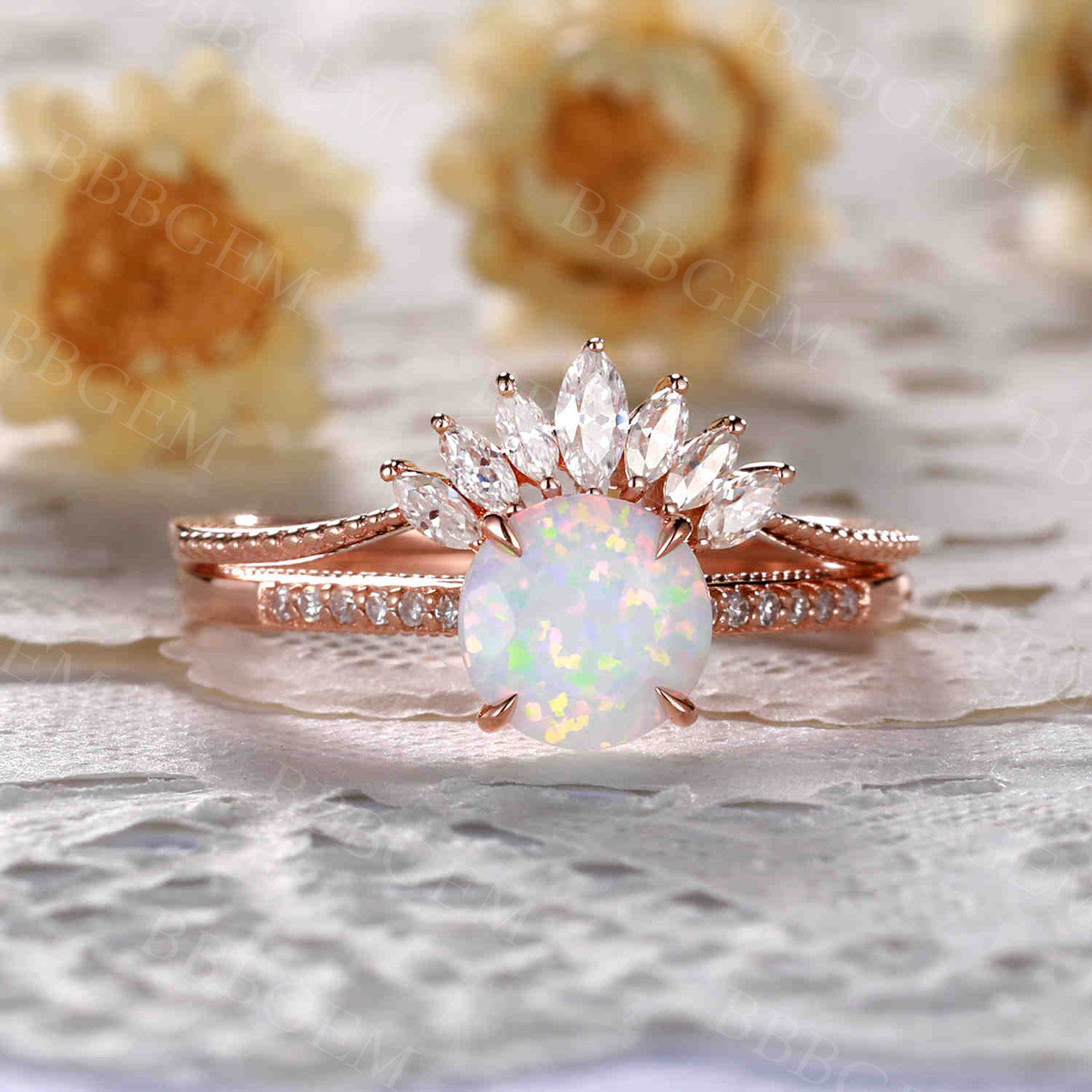 Antique Opal Engagement Ring Set Rose Gold 12