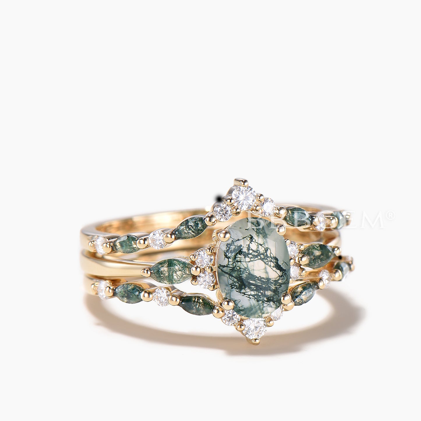 Oval Cut Natural Moss Agate Wedding Ring Diamond Band Enhancer Agate Bridal Set