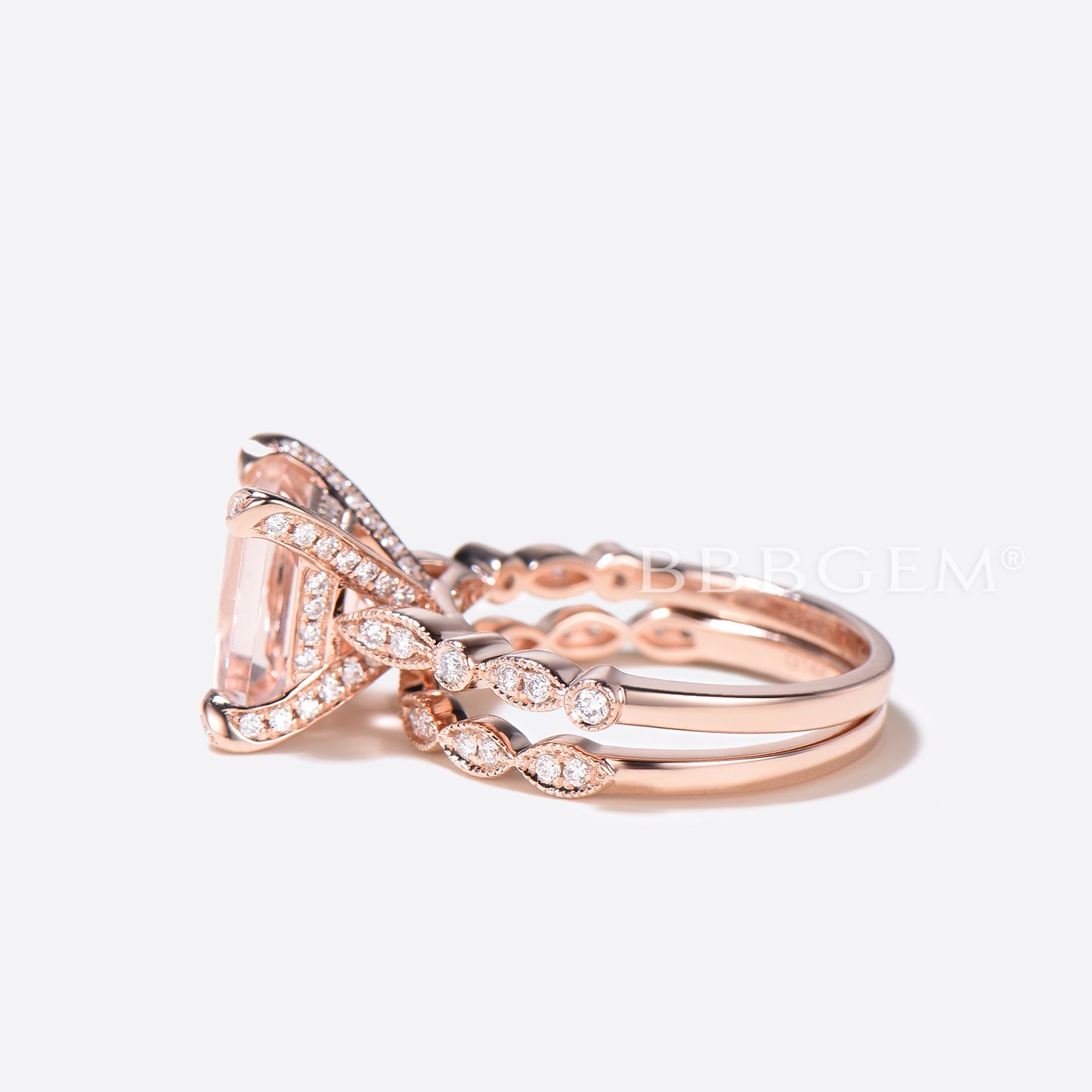 Princess Cut Morganite Hidden Diamond Halo Wedding Ring Set 14K Rose Gold Statement Ring