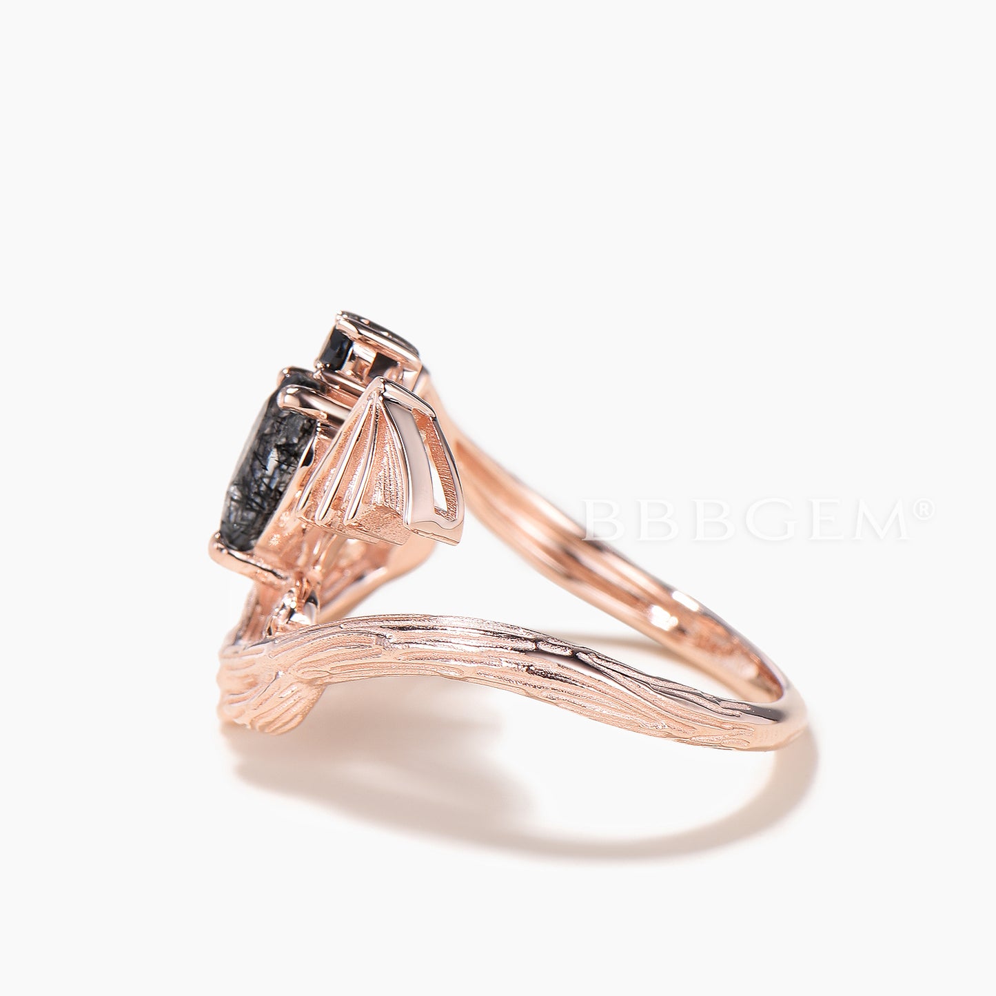Pear Cut Black Rutilated Quartz Bat Engagement Ring Diamond Leaf Accent Moon Ring