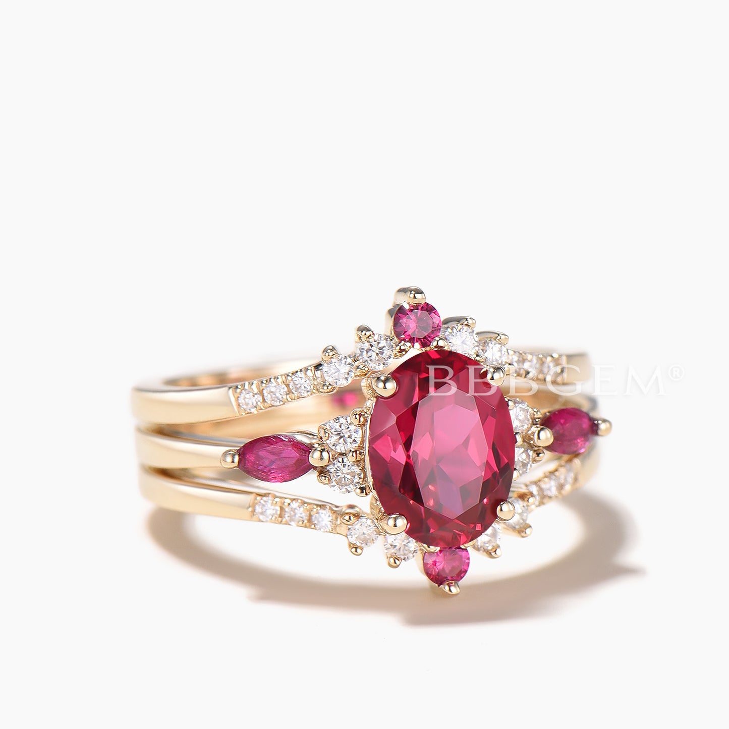 3pcs Ring Set 1.5CT Oval Cut Ruby Engagement Ring Diamond Curved Wedding Band
