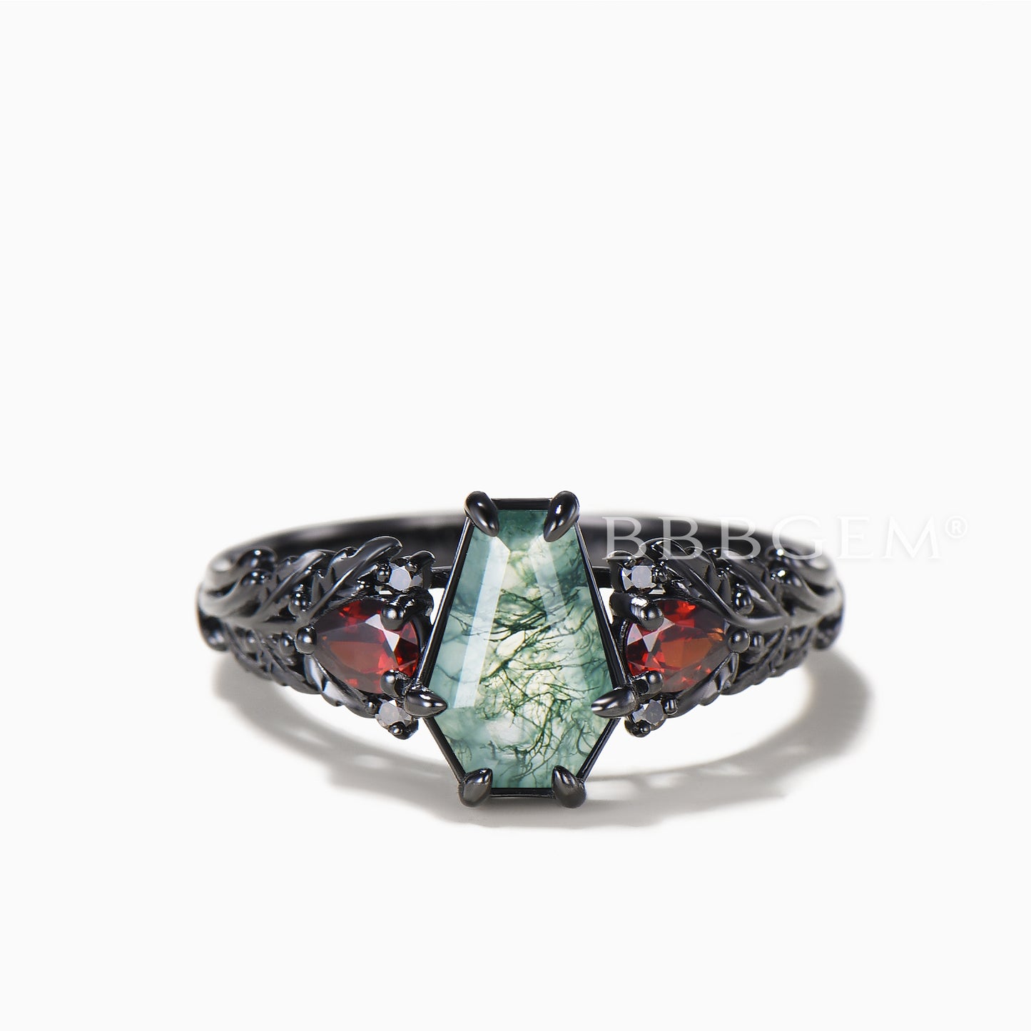 Coffin Moss Agate Leaf Engagement Ring Moissanite Garnet Gothic Black Gold Ring