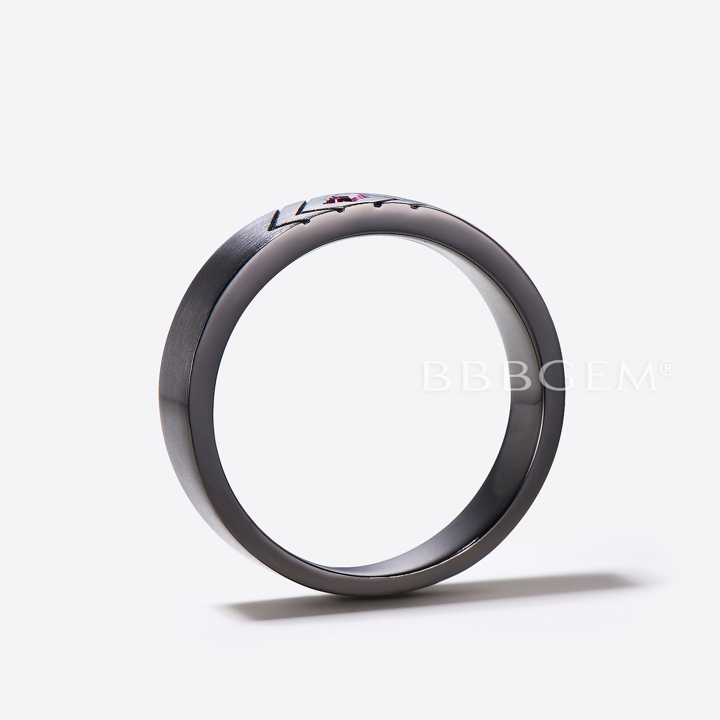 6mm Wide Black Gold Kite Cut Ruby Mens Wedding Band Brushed Ring