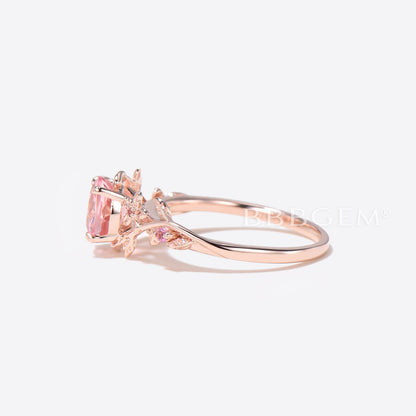 Round Padparadscha Sapphire Ring Pink Sapphire Floral Engagement Ring