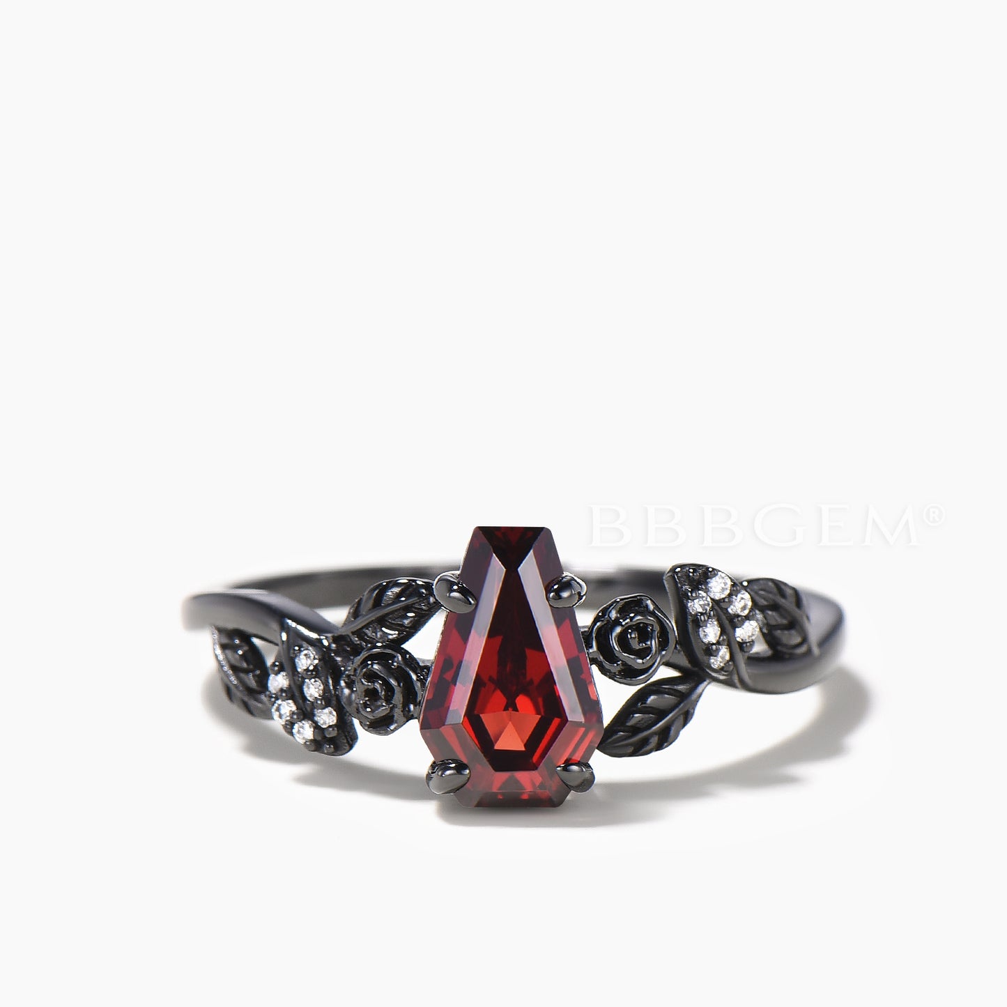 Coffin Cut Natural Garnet Leaf Floral Ring Black Gold Gothic Engagement Ring