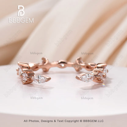 Fashion Open Gap Marquise Round Diamond Wedding Ring Eternity Art Deco Marquise Moissanite14K Rose Gold Vintage Gap Band-bbbgem