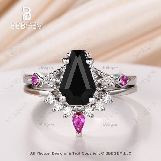 Platinum Coffin Black Spinel Diamond Wedding Set 9x6mm Coffin Shaped Onyx Ring Set With Lab Ruby