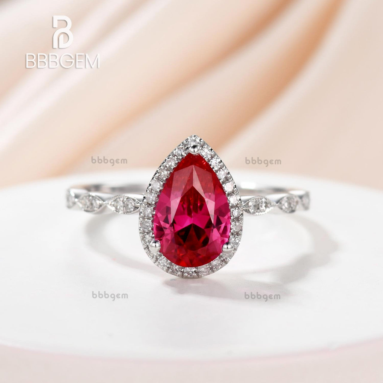 Pear Cut Ruby Engagement Ring in White Gold-Lab Ruby Diamond Halo Wedding Ring