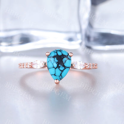 Three Stone Moissanite  Pear Turquoise Rose Gold Engagement Ring Art Deco Promise Ring Gift For Her