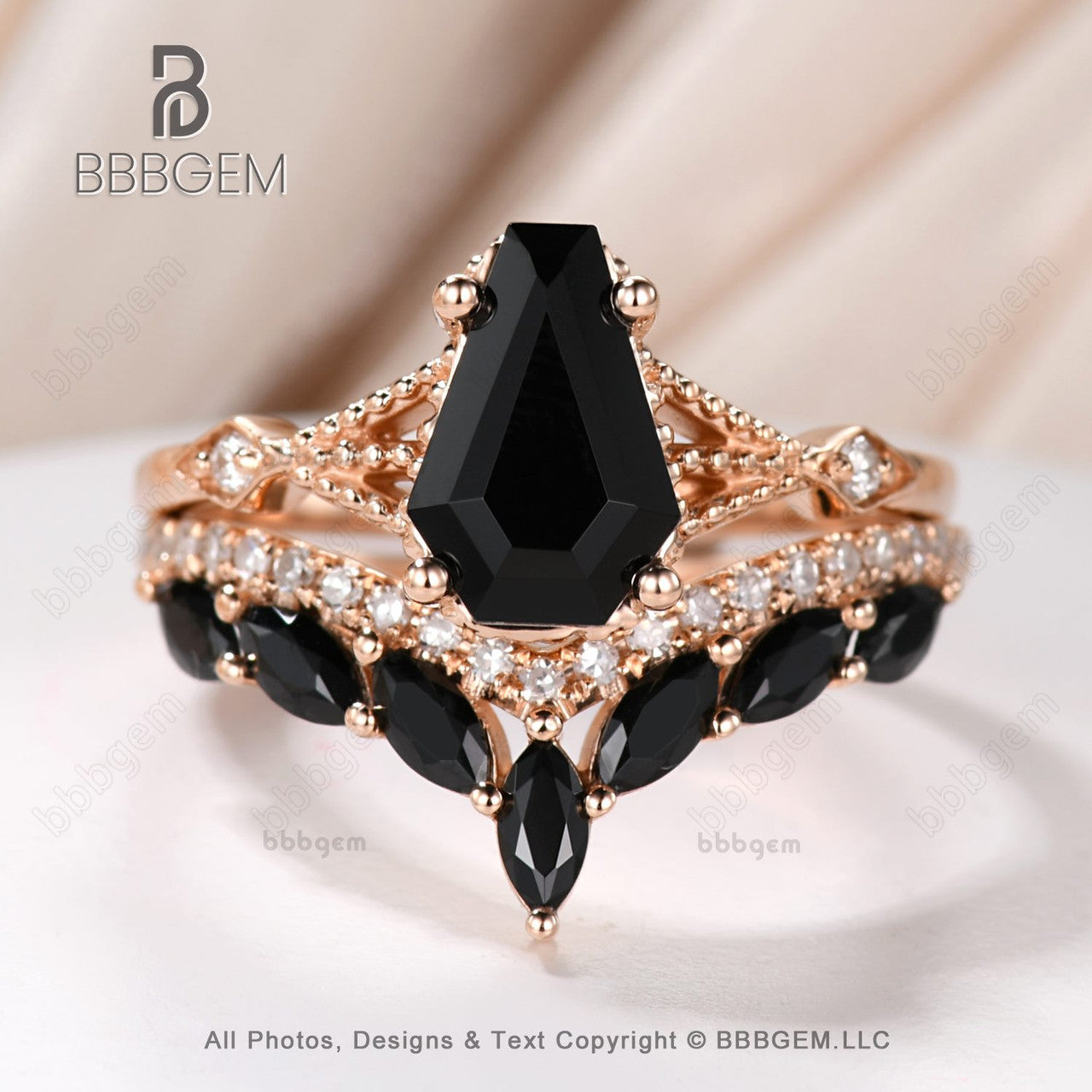 Gothic Coffin Shaped Wedding Set Black Onyx 14k Gold Ring & Marquise Cut Black Spinel Ring