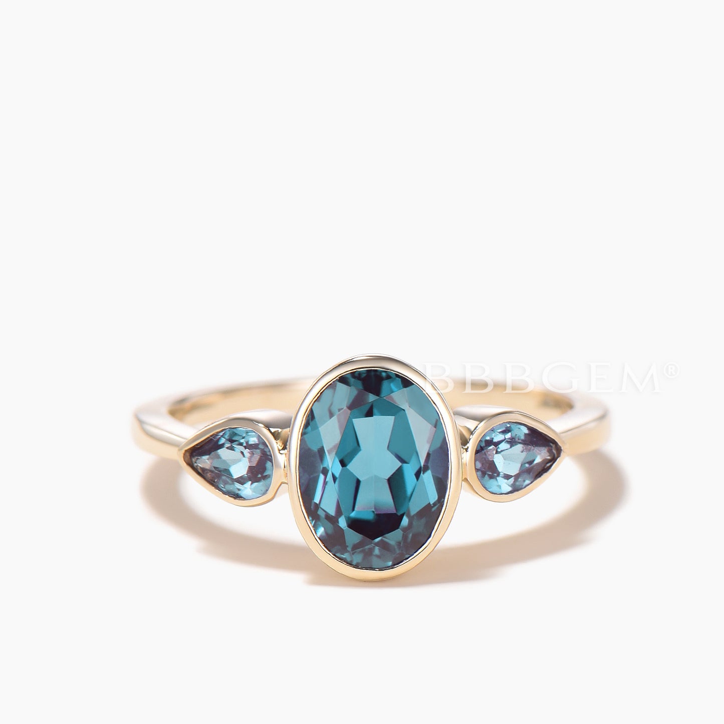 Oval Cut Color-change Alexandrite Engagement Ring Bezel Set Three Stone Ring