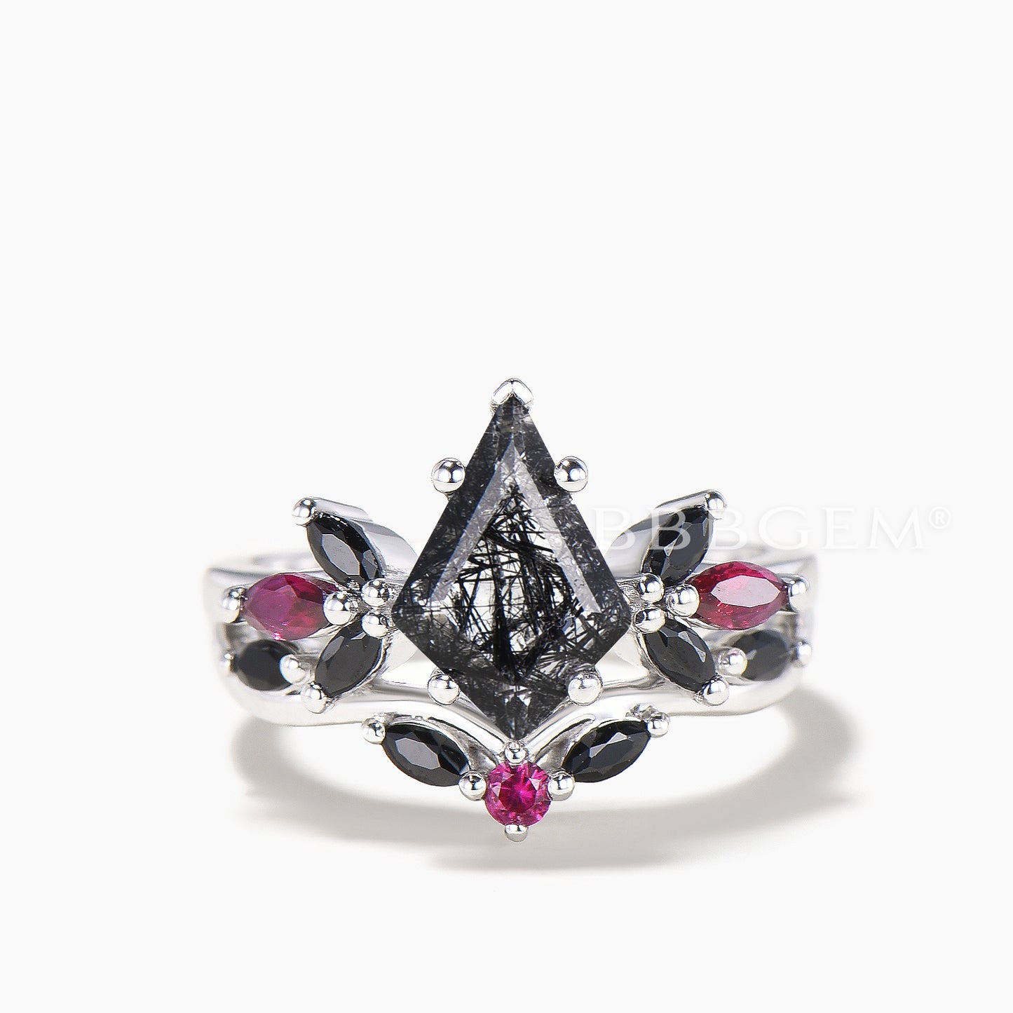 Kite Cut Natural Black Rutilated Quartz Wedding Ring Spinel Ruby Split Shank Ring
