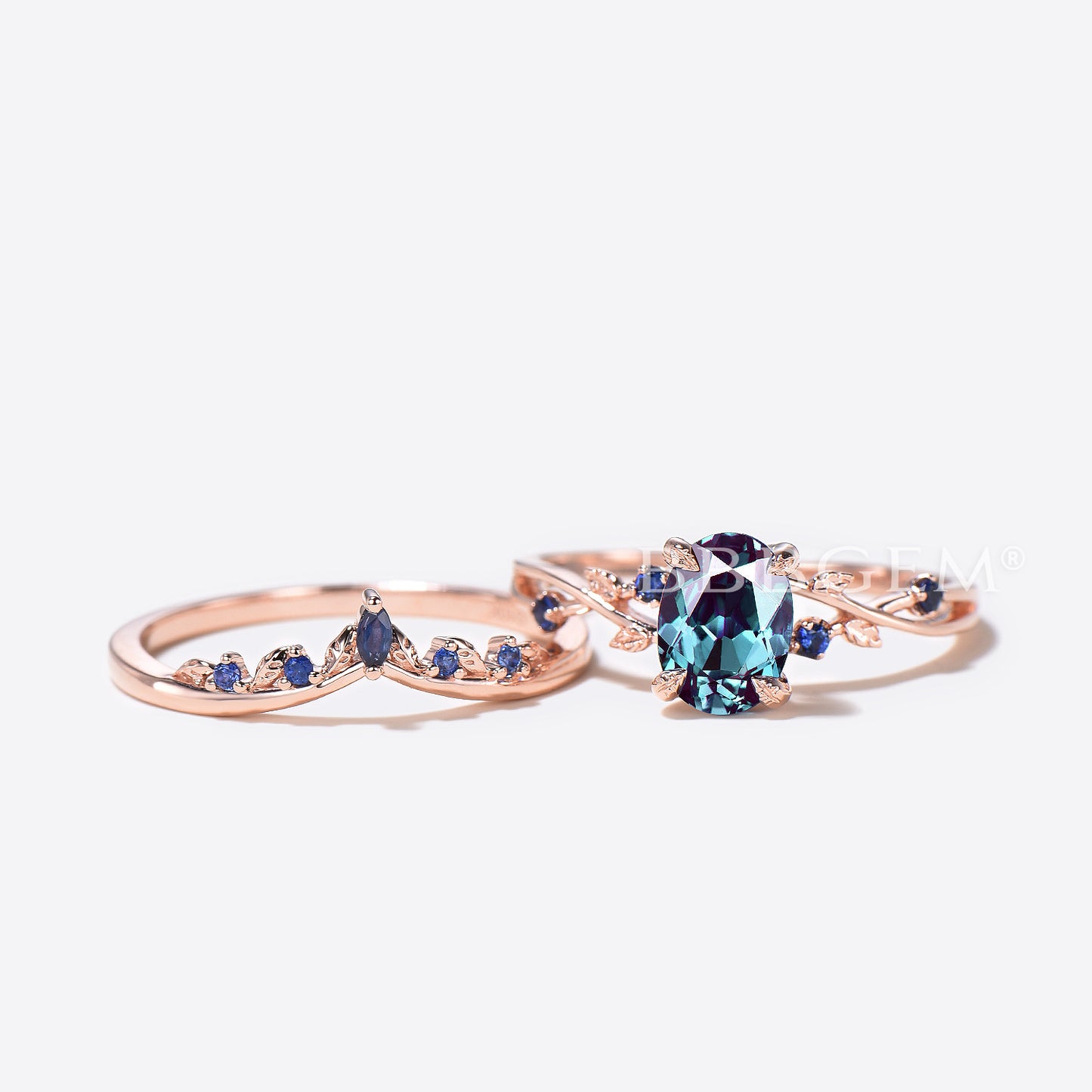 Twisted Vine Oval Color-Change Alexandrite Ring Leaf Blue Sapphire Wedding Band