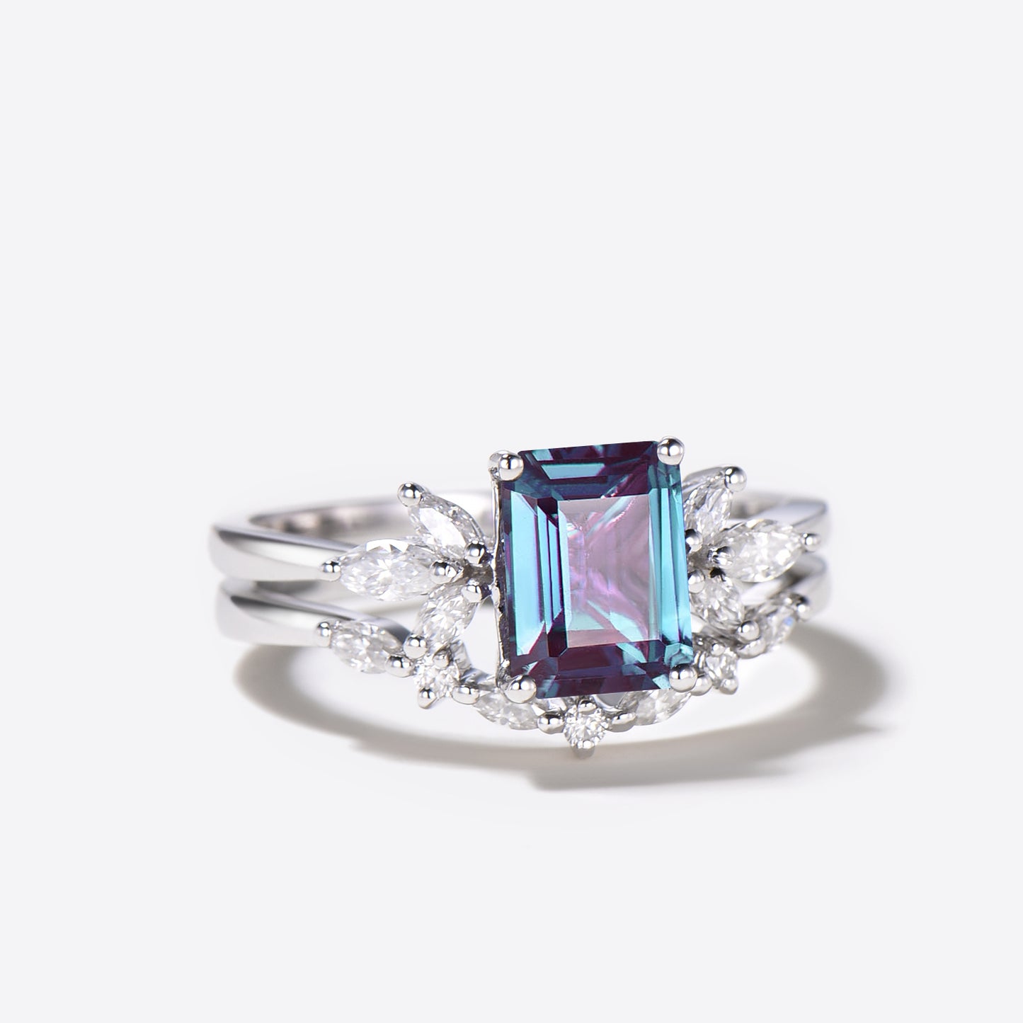 Emerald Cut Alexandrite Engagement Ring 7 Stone Diamond Bridal Set