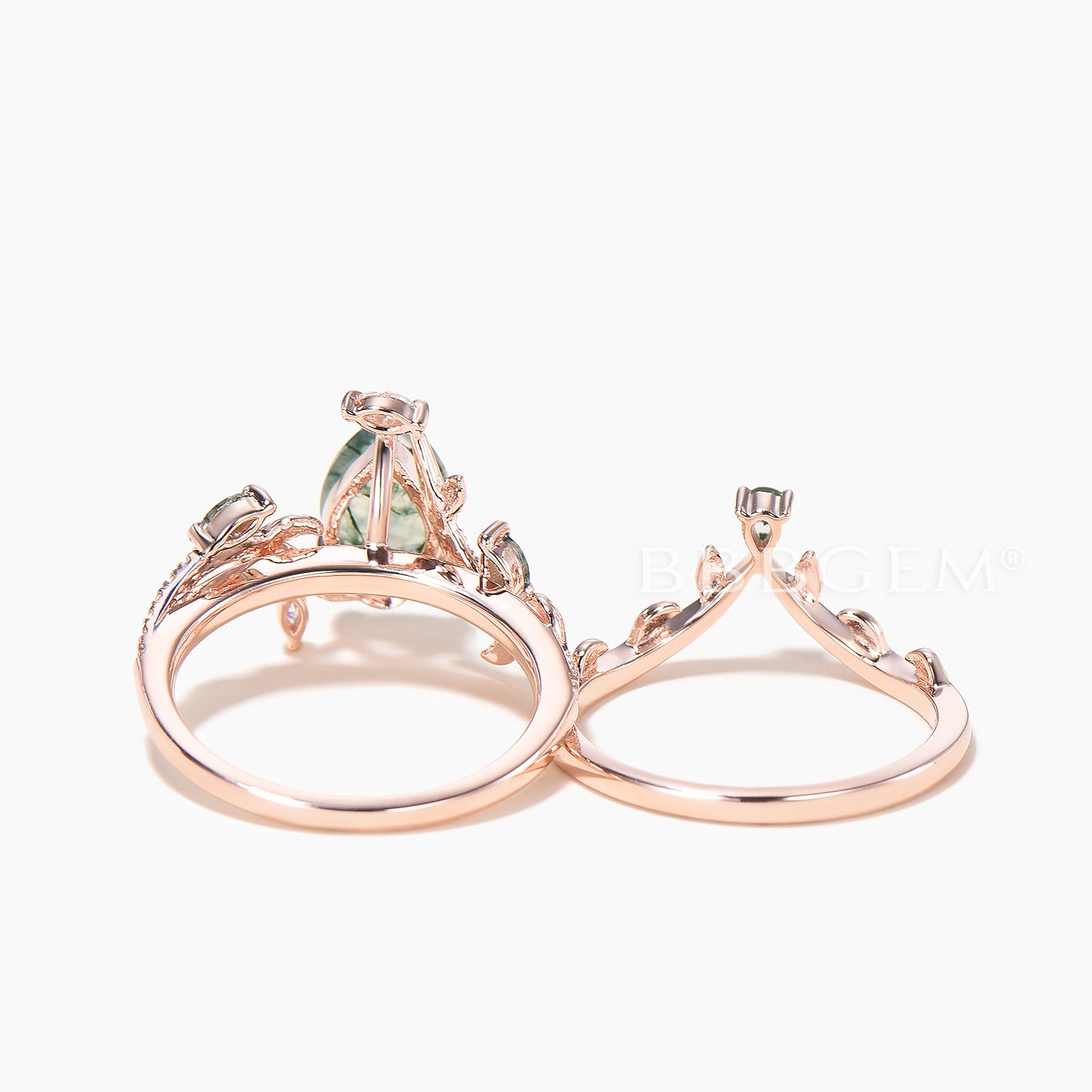 1.25CT Pear Cut Natural Moss Agate Twisted Diamond Leaf Ring Set Agate Band