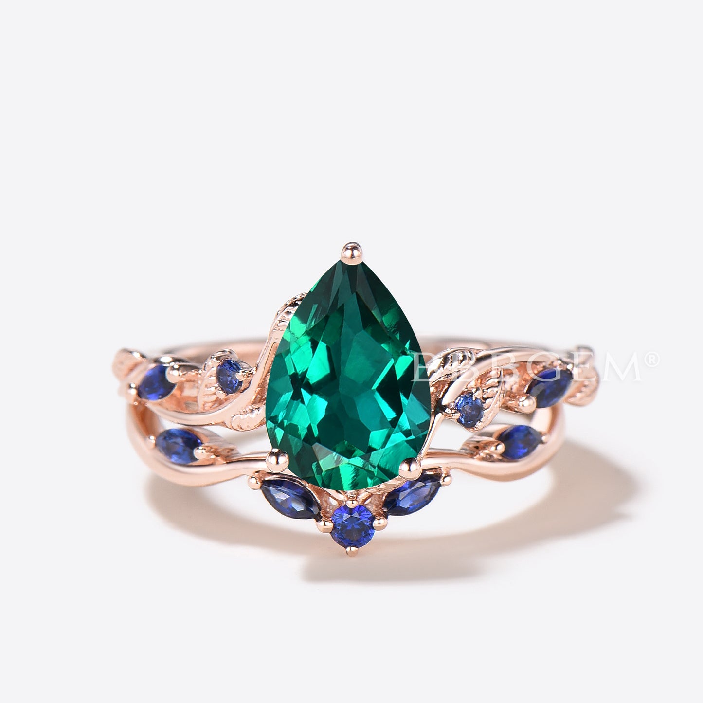 Teardrop Green Emerald Engagement Ring Nature Inspired Emerald Sapphire Bridal Ring