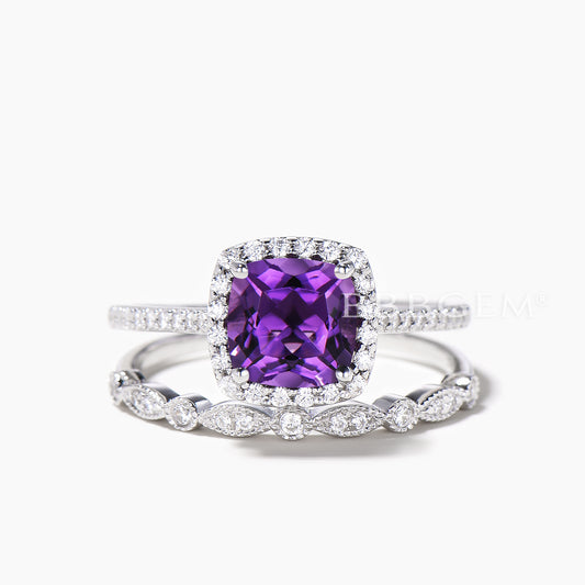 2pcs 8mm Cushion Amethyst Halo Engagement Ring Diamond Milgrain Bridal Ring