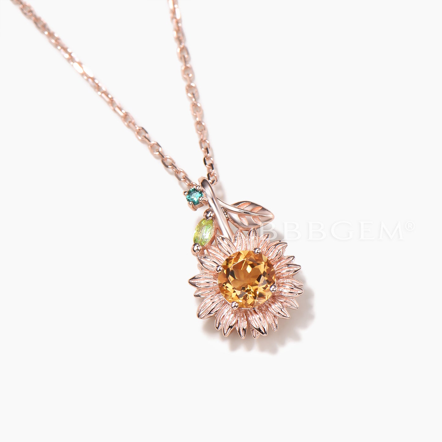 Round Cut Natural Citrine Sunflower Necklace Peridot Leaf Twig Inspired Pendant