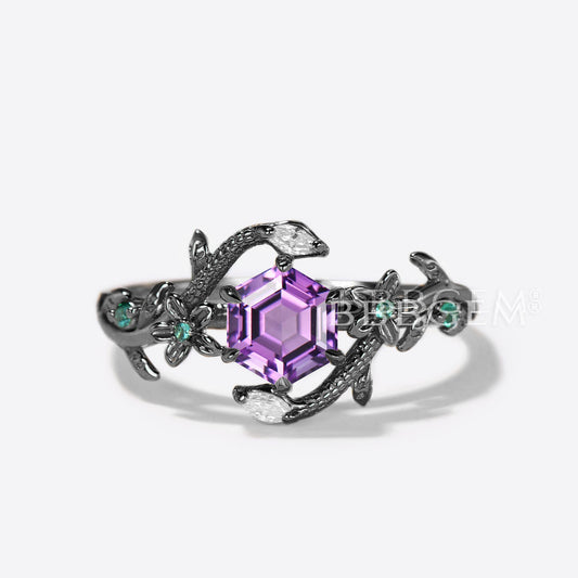 Gold Snake Engagement Ring Floral Amethyst Ring Diamond Serpent Ring