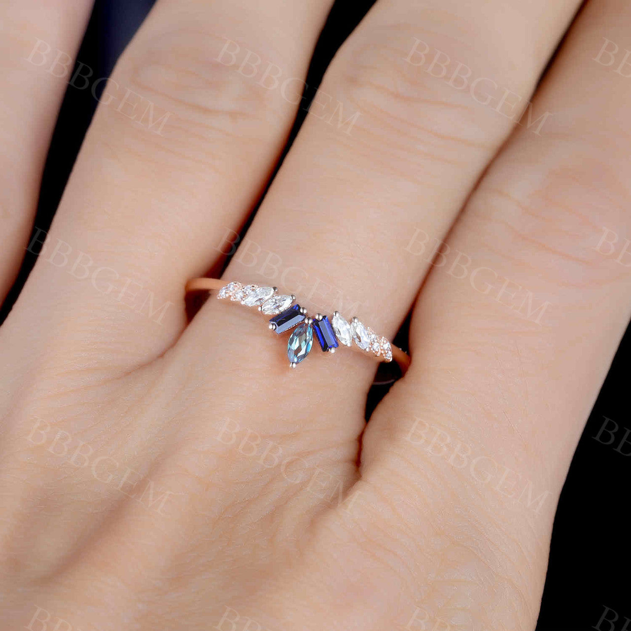 Art Deco Alexandrite  And Baguette Sapphire  Moissanite Wedding Band