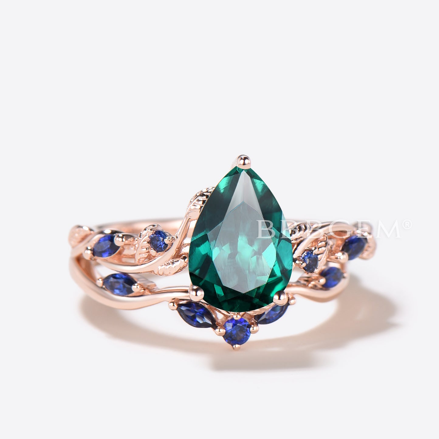 Teardrop Green Emerald Engagement Ring Nature Inspired Emerald Sapphire Bridal Ring