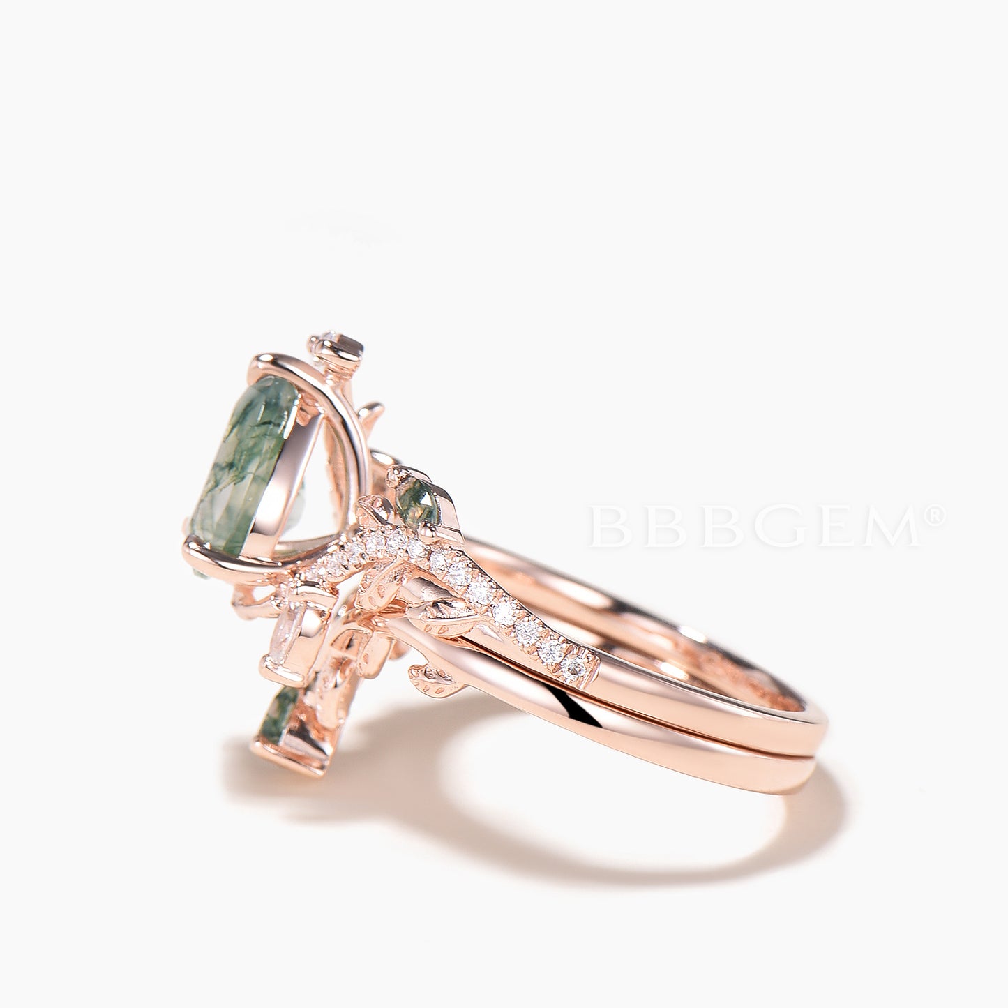 1.25CT Pear Cut Natural Moss Agate Twisted Diamond Leaf Ring Set Agate Band