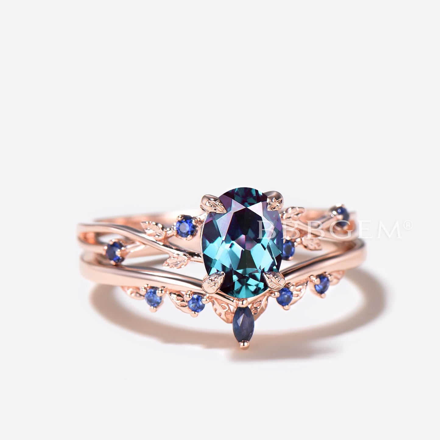 Twisted Vine Oval Color-Change Alexandrite Ring Leaf Blue Sapphire Wedding Band