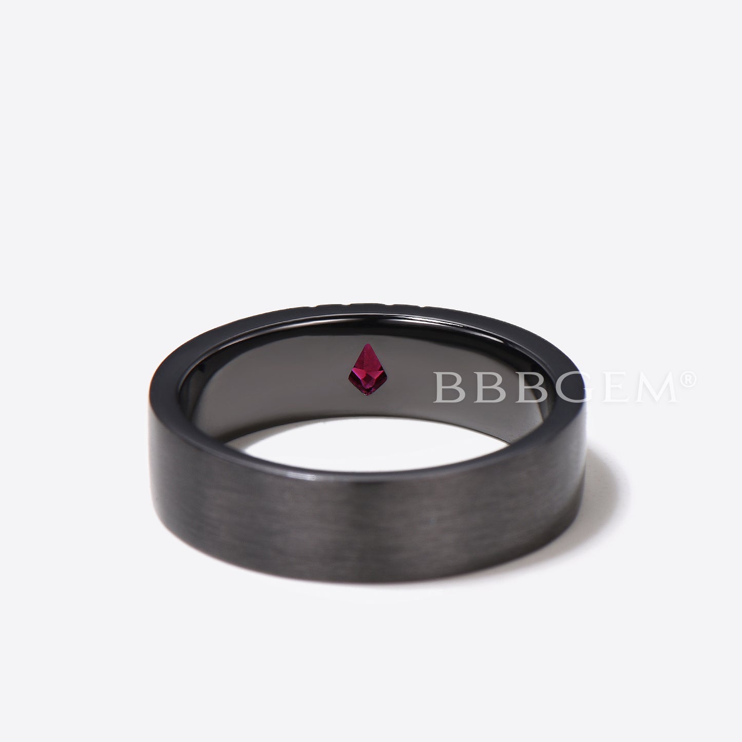 6mm Wide Black Gold Kite Cut Ruby Mens Wedding Band Brushed Ring