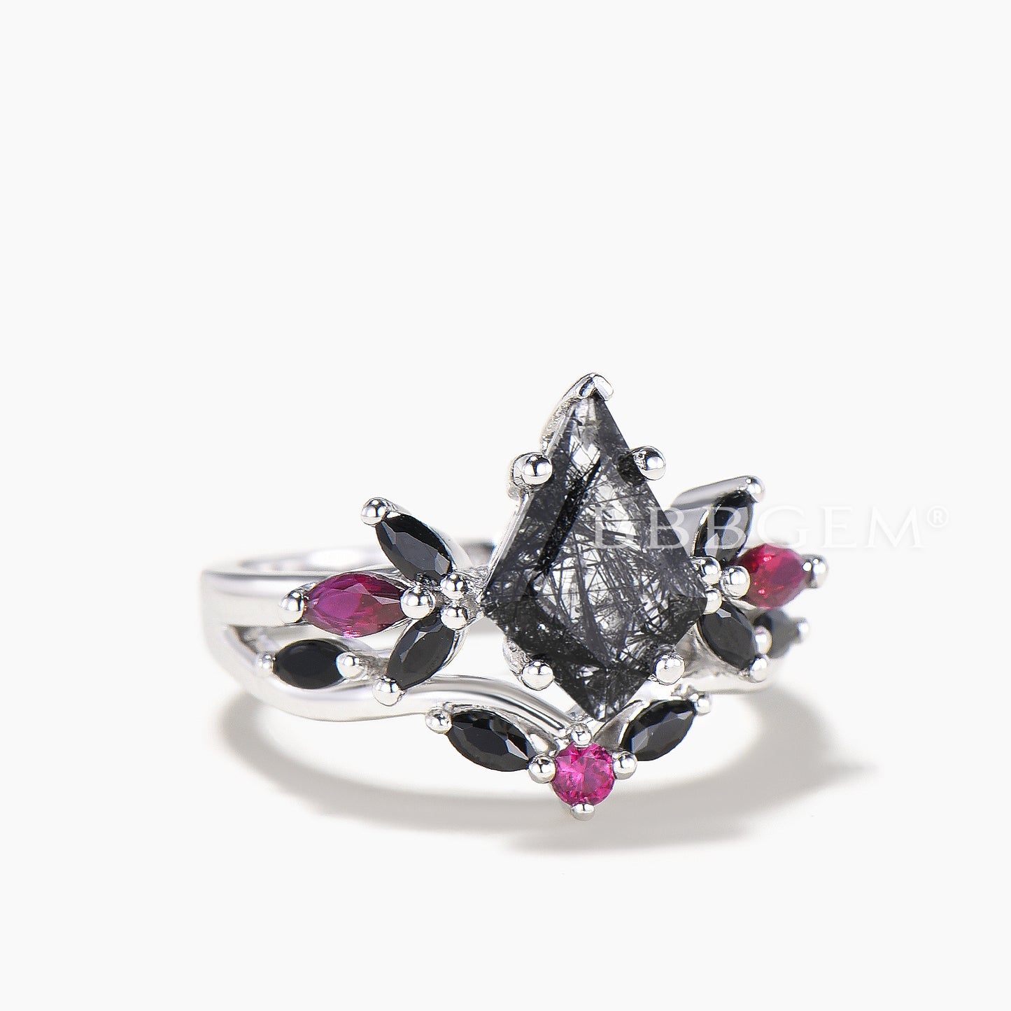 Kite Cut Natural Black Rutilated Quartz Wedding Ring Spinel Ruby Split Shank Ring