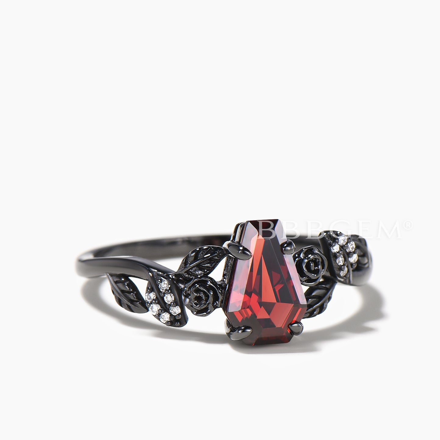 Coffin Cut Natural Garnet Leaf Floral Ring Black Gold Gothic Engagement Ring