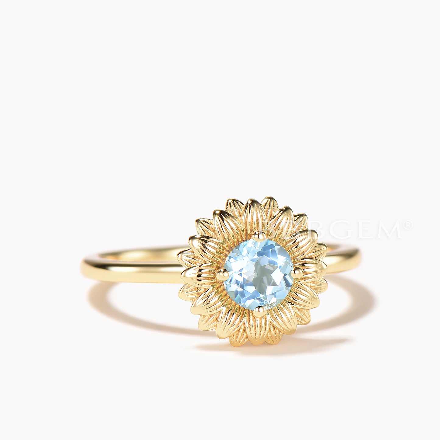Round Cut Natural Aquamarine Sunflower Engagement Ring Solitaire Ring