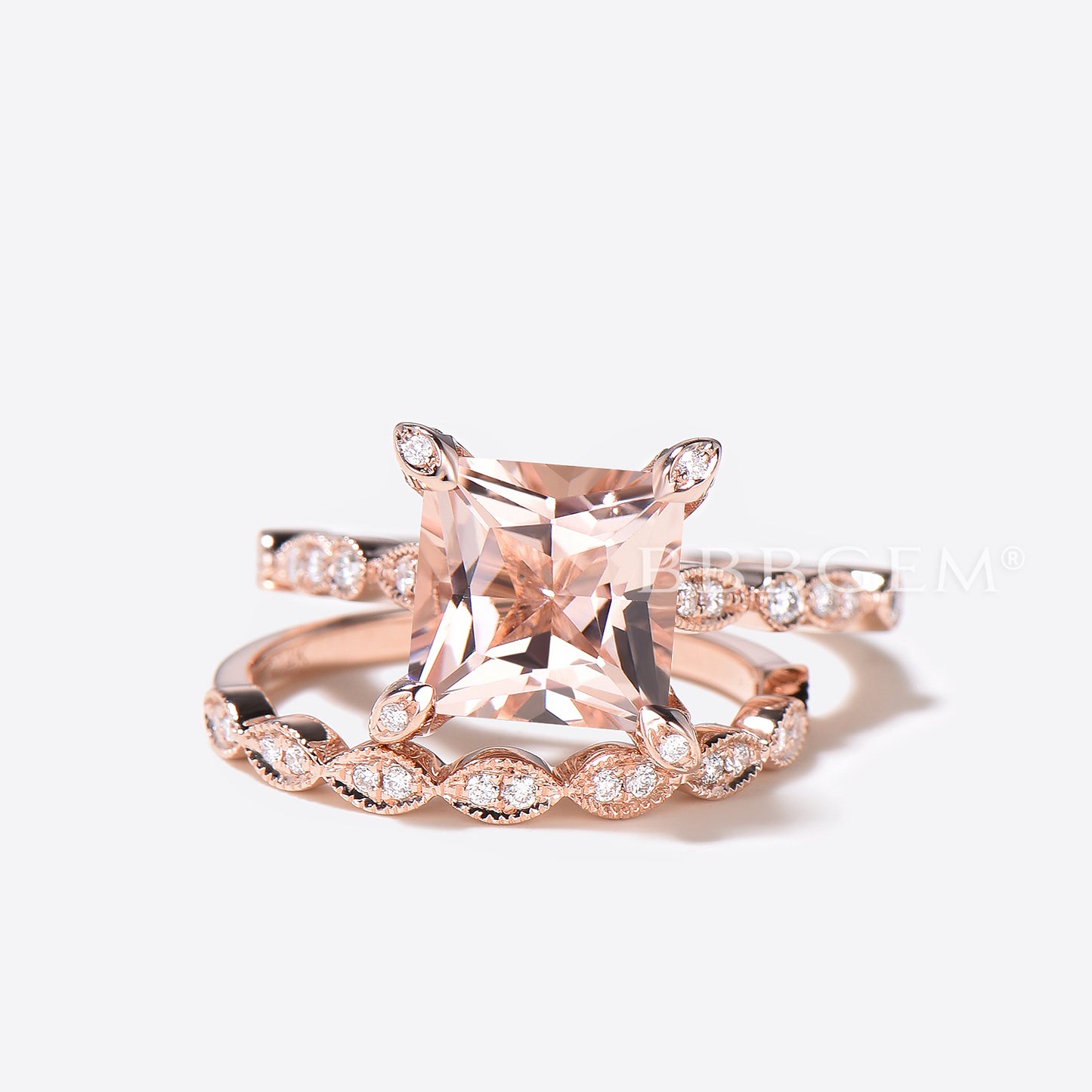 Princess Cut Morganite Hidden Diamond Halo Wedding Ring Set 14K Rose Gold Statement Ring