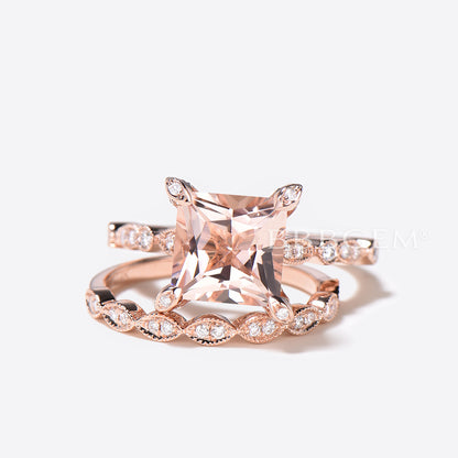 Princess Cut Morganite Hidden Diamond Halo Wedding Ring Set 14K Rose Gold Statement Ring