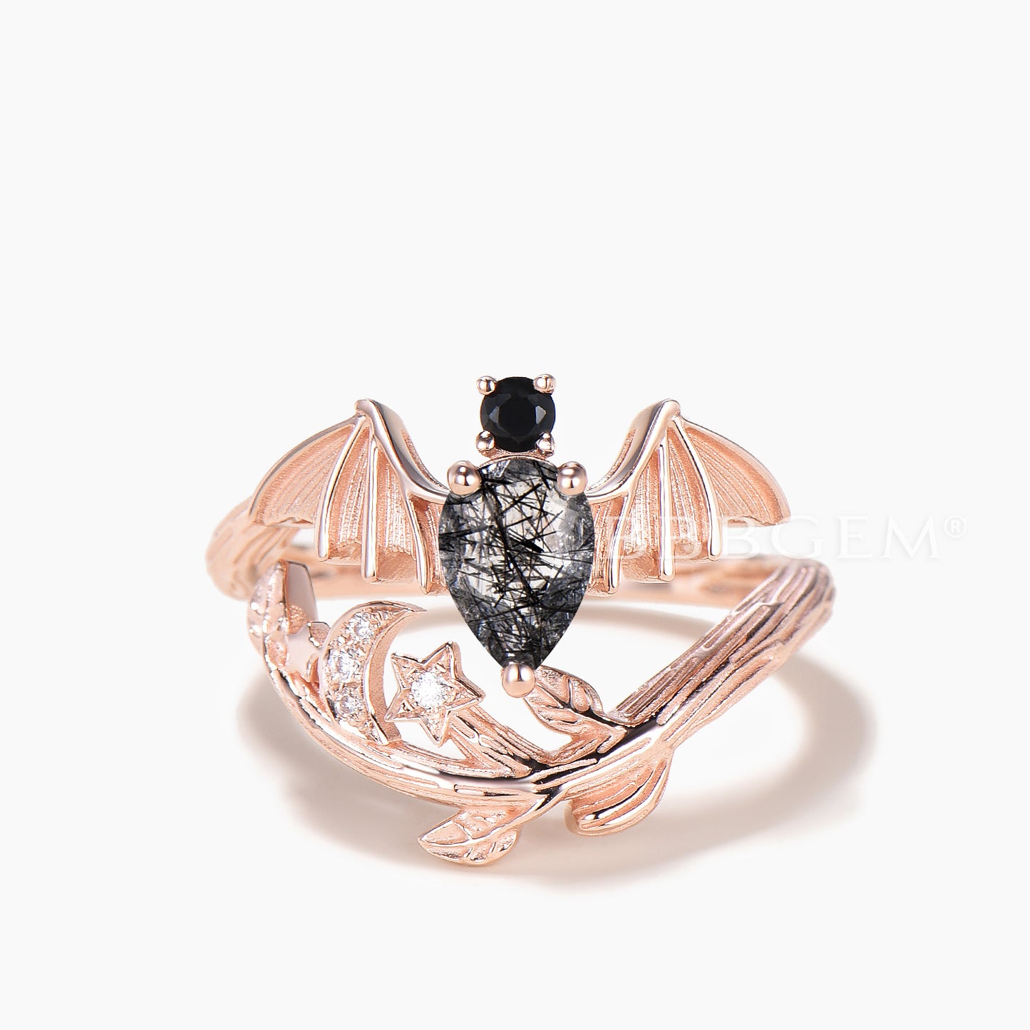 Pear Cut Black Rutilated Quartz Bat Engagement Ring Diamond Leaf Accent Moon Ring