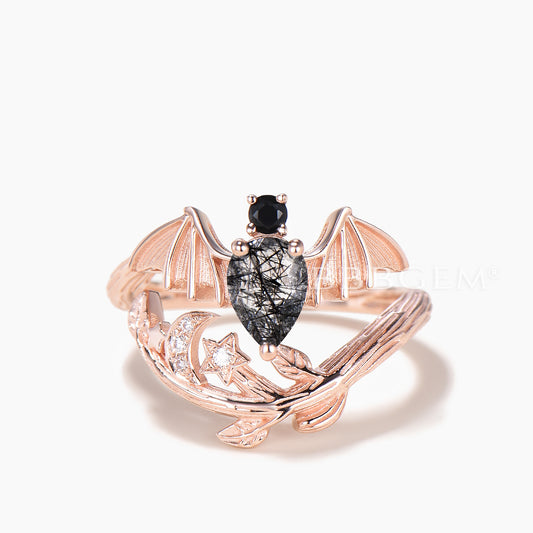 Pear Cut Black Rutilated Quartz Bat Engagement Ring Diamond Leaf Accent Moon Ring
