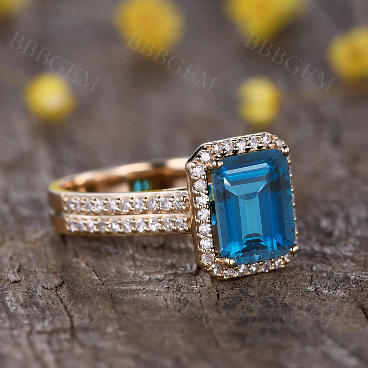 Yellow Gold Diamond Wedding Band- BBBGEM London Blue Topaz Ring