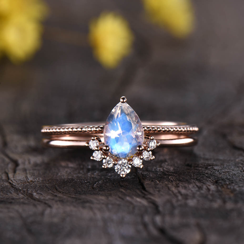 pear shaped moonstone engagement ring set 0