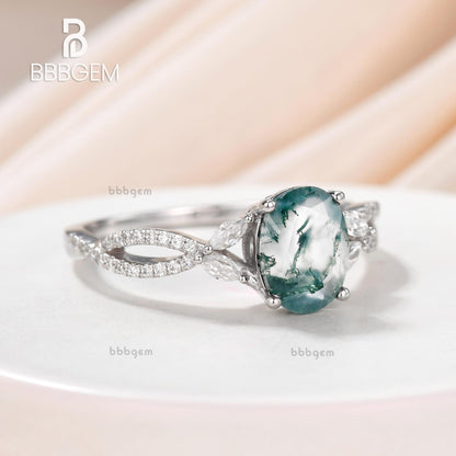 Oval Moss Agate Engagement Ring-Green Moss Agate Wedding Rings in White