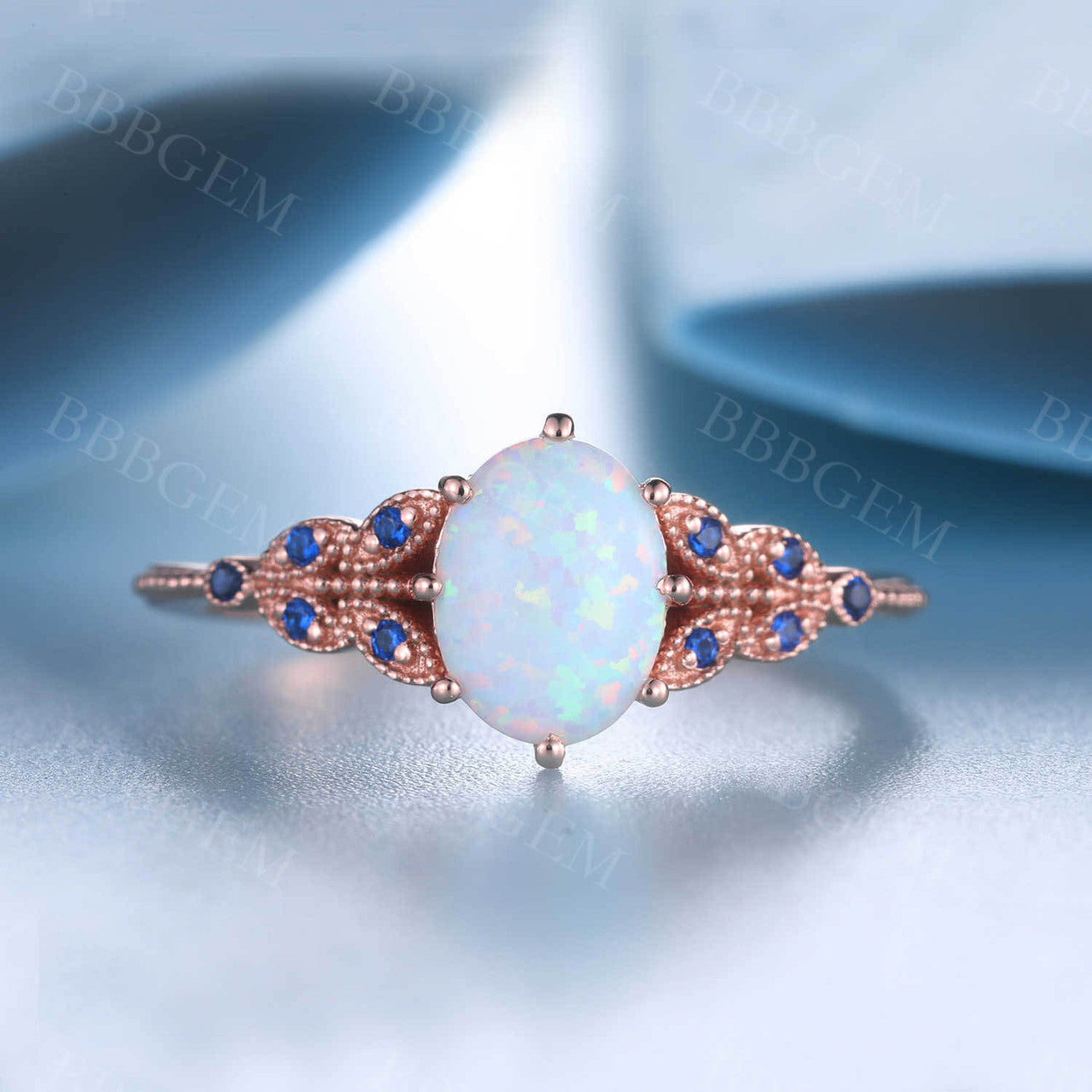 Oval White Opal Engagement Ring 14K Solid Rose Gold Opal Sapphire Ring Promise Ring