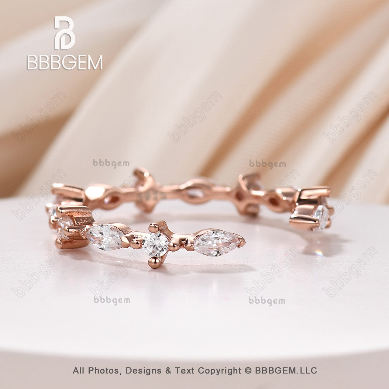 Fashion Open Gap Marquise Round Diamond Wedding Ring Eternity Art Deco Marquise Moissanite14K Rose Gold Vintage Gap Band-bbbgem