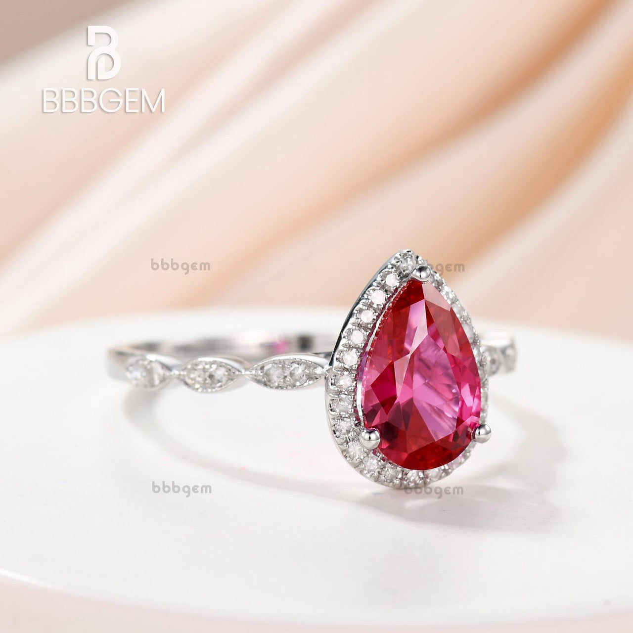 Pear Cut Ruby Engagement Ring in White Gold-Lab Ruby Diamond Halo Wedding Ring