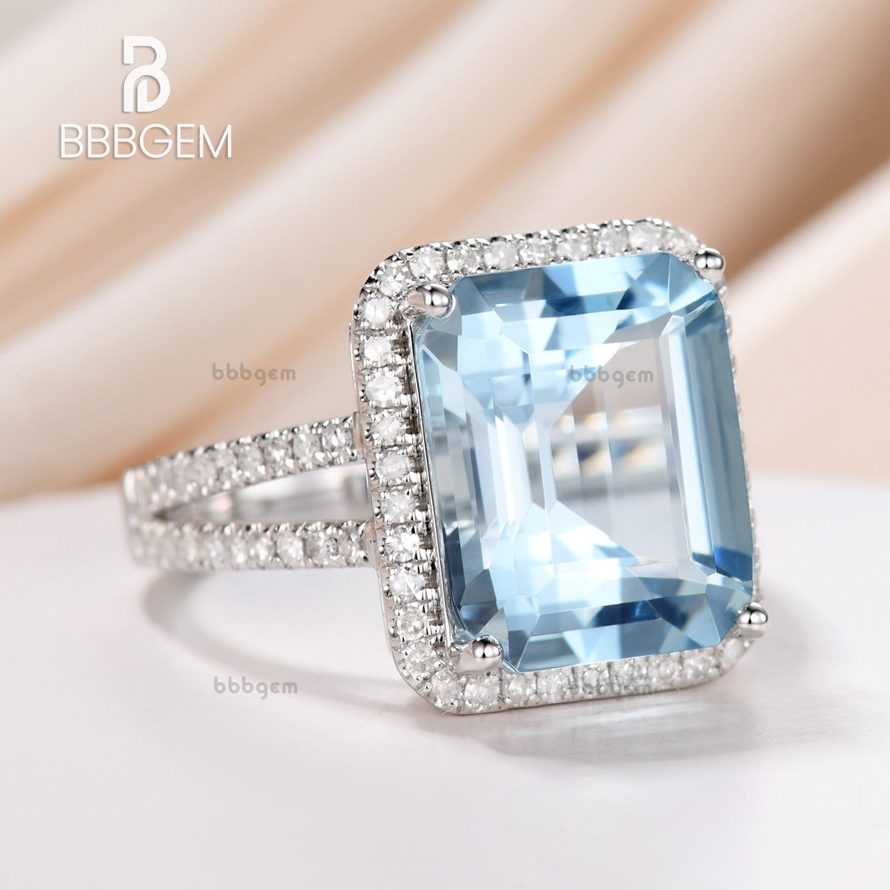 10x12mm Emerald Cut Aquamarine Engagement Ring Diamond Wedding Ring 14k White Gold Split Shank Halo Prong Set 