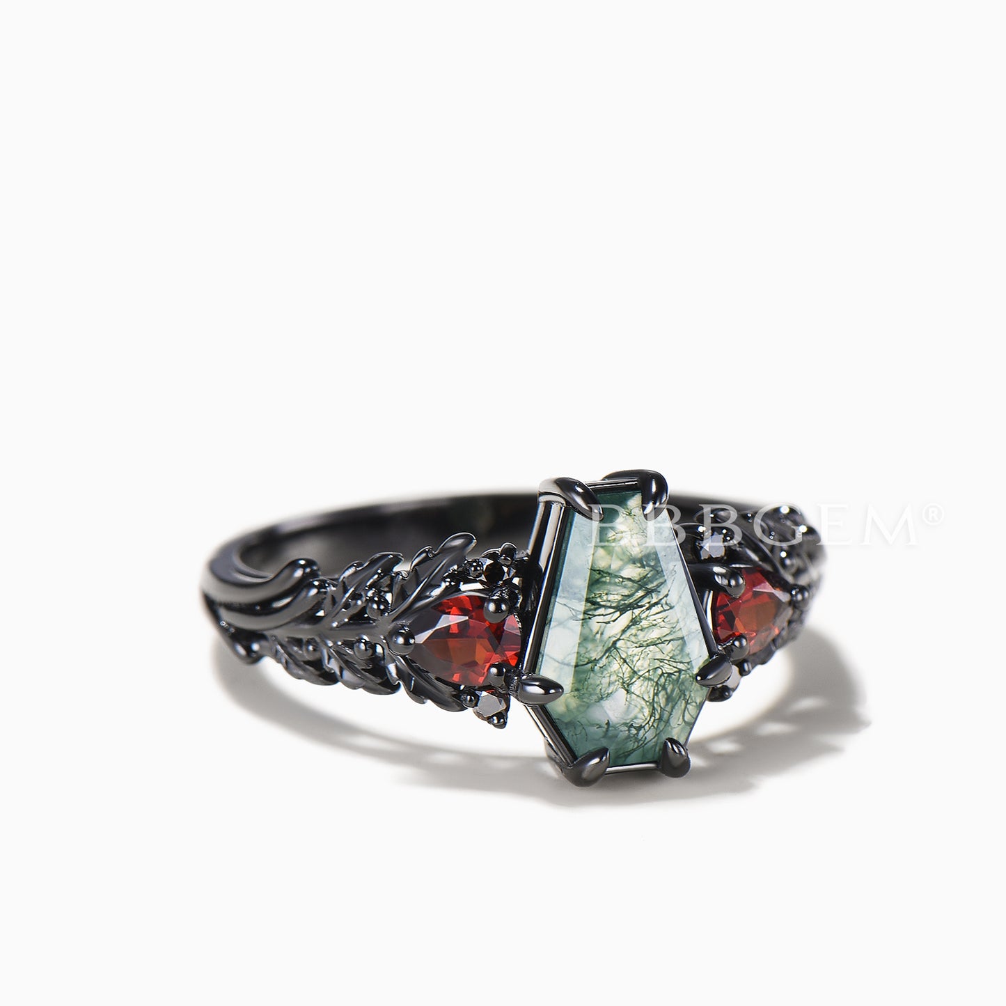 Coffin Moss Agate Leaf Engagement Ring Moissanite Garnet Gothic Black Gold Ring
