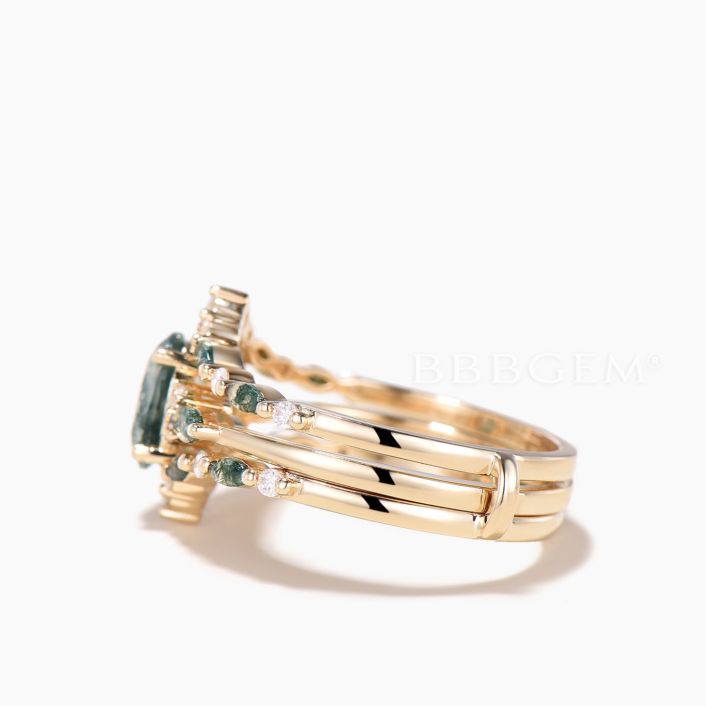 Oval Cut Natural Moss Agate Wedding Ring Diamond Band Enhancer Agate Bridal Set