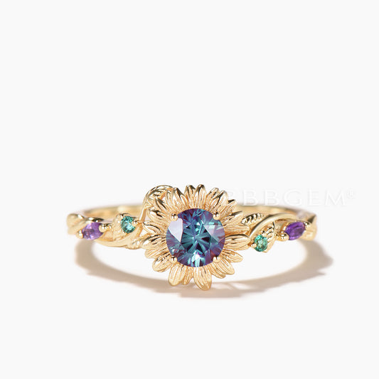 Nature Inspired Round Cut Color-change Alexandrite Sunflower Engagement Ring
