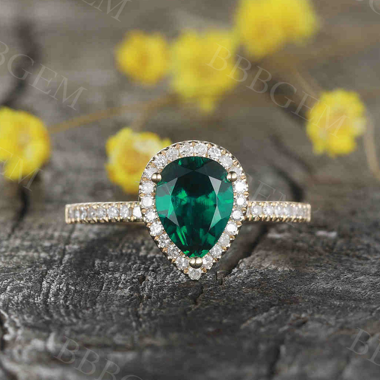 Pear Shaped Emerald Diamond Engagement Ring