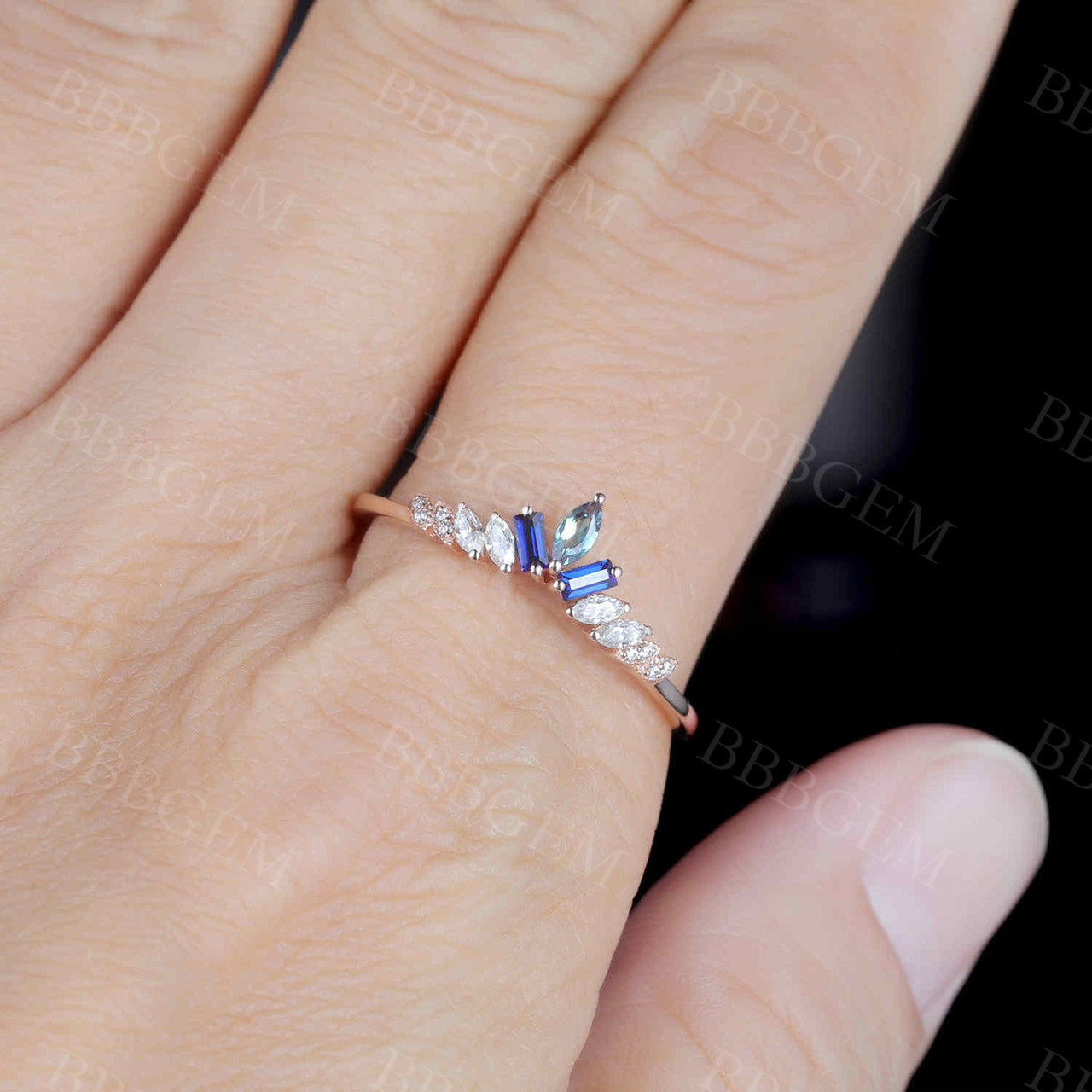 Art Deco Alexandrite  And Baguette Sapphire  Moissanite Wedding Band